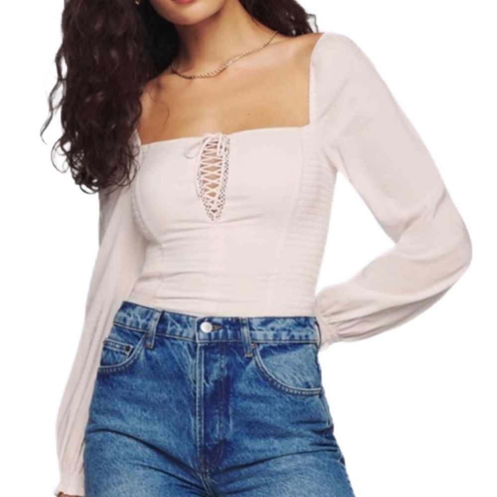 Reformation Nola Cotton Top, Cream Lace Up French Size 6 NWOT